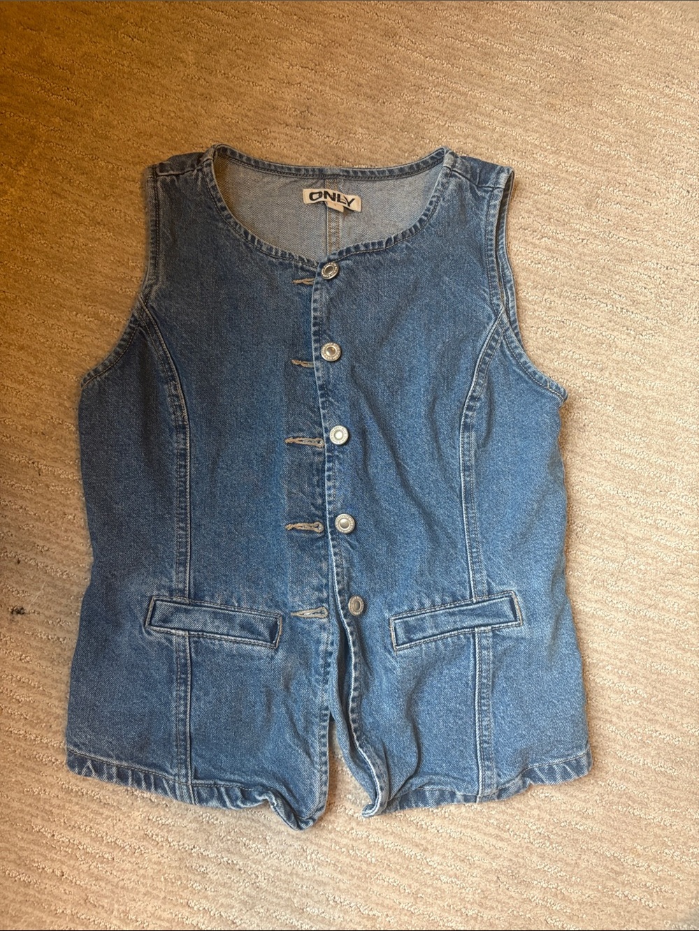 ONLY Denim Button-Front Sleeveless One-Piece in Blue